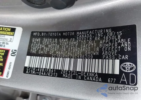 2016 Toyota Corolla Le из США, поврежденный, VIN 2T1BURHE7GC486209